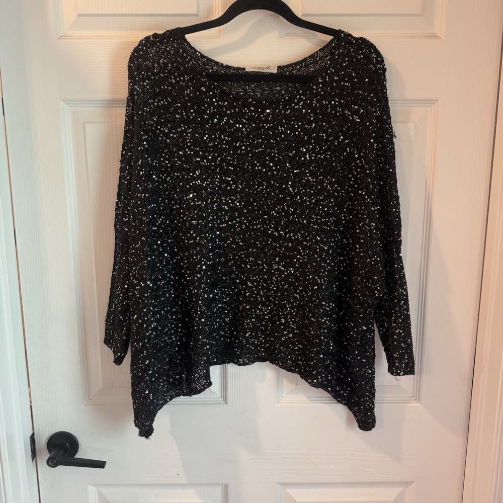 Ania A USA Vintage Women's Black Sequins Open Knitted Top Sweater Oversized XL